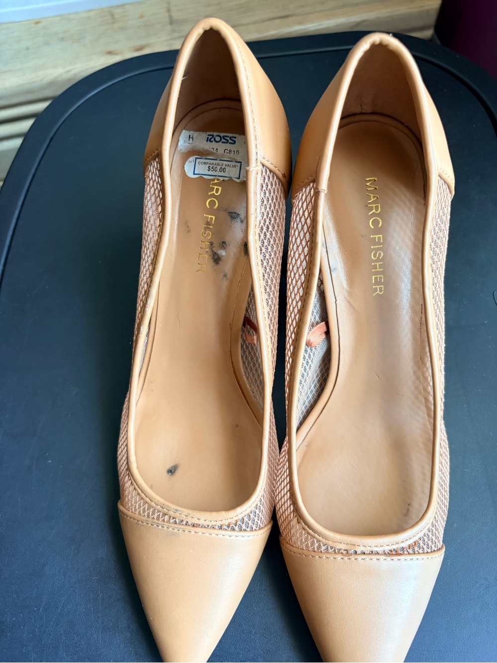 Marc Fisher Peach-Tan Pointed-Toe Pumps with Mesh Panels